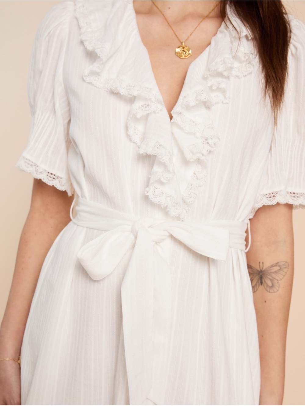 o.p.t. Vida Cotton Dress Tie Waist Bohemian Lace White Size Large NEW - Picture 12 of 13